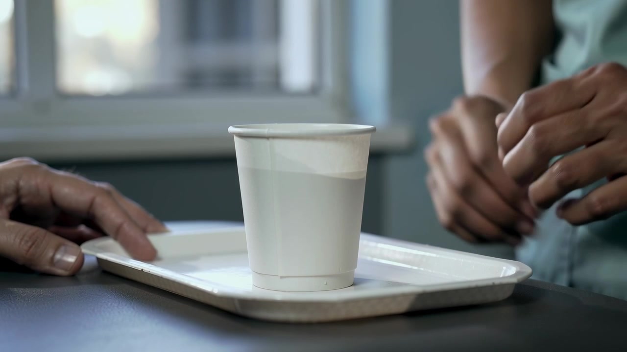 Plejer i grøn uniform placerer et hvidt papirbæger stabilt på en bakke ved et plejebord og hjælper en patient