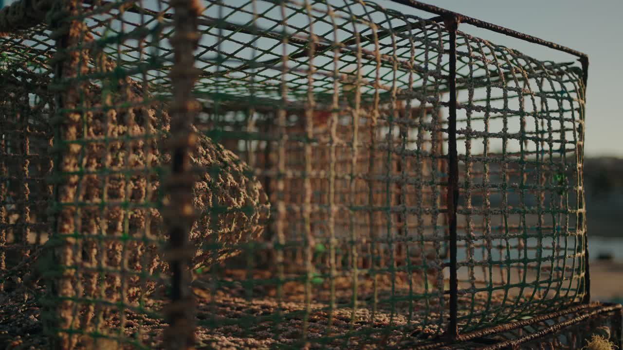 cesta de pesca con cuerdas y redes iluminada por la luz cálida del atardecer en el puerto