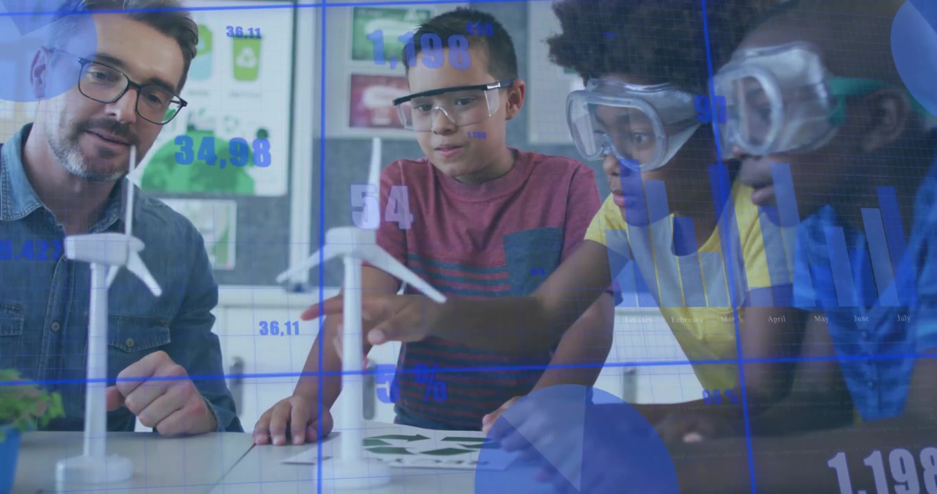 Teacher guiding 3 boys in green energy, boy pushing blade, blades spinning, blue data appearing