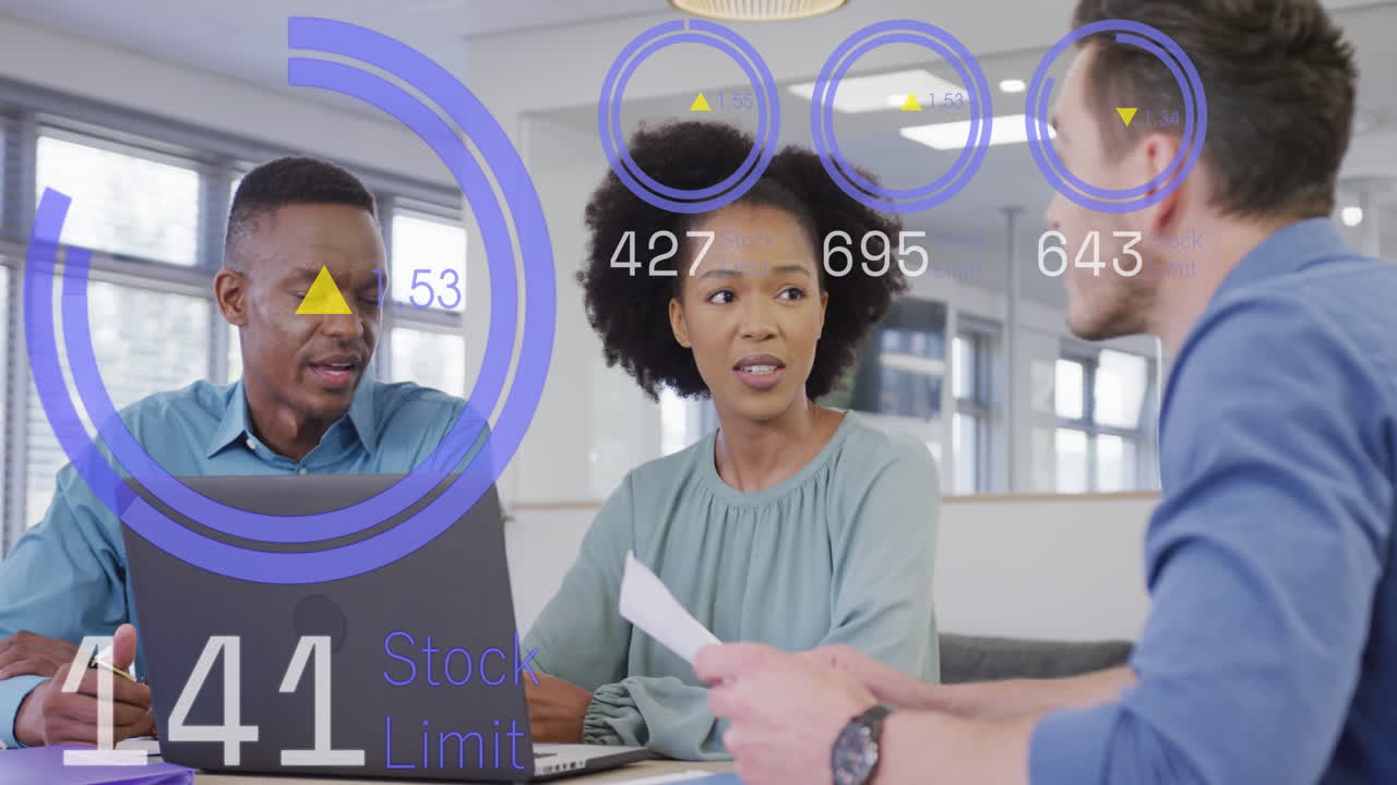 Animation of financial data processing over diverse business people in office