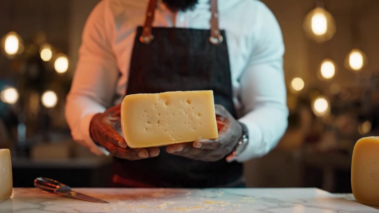 Taglio artigianale di formaggio: Uno chef esperto affetta un blocco di delizioso formaggio stagionato in un ambiente gourmet dal design professionale