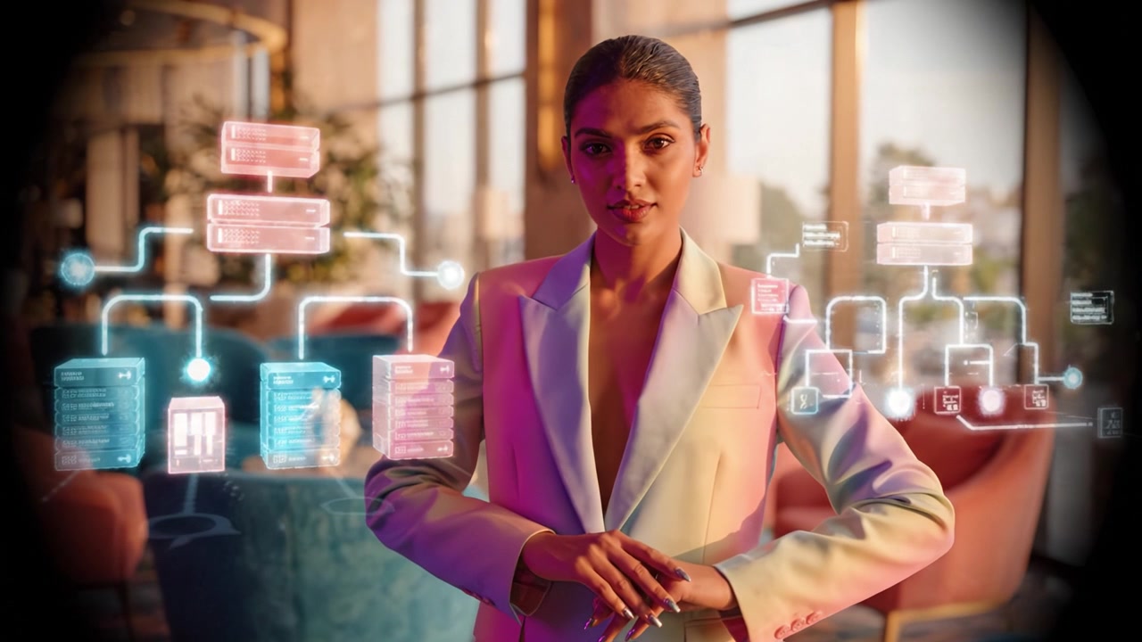 A confident woman in a stylish pastel suit stands against a modern backdrop, embodying empowerment and sophistication in a vibrant urban setting with tech elements.
