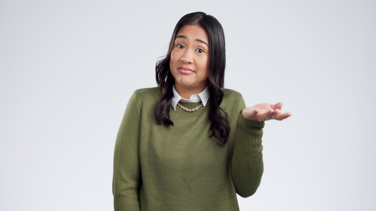 Face, confused and Asian woman with question