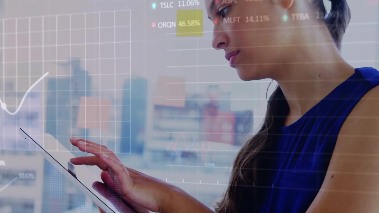 Professional woman tapping tablet screen at city window while analyzing tech data charts animating