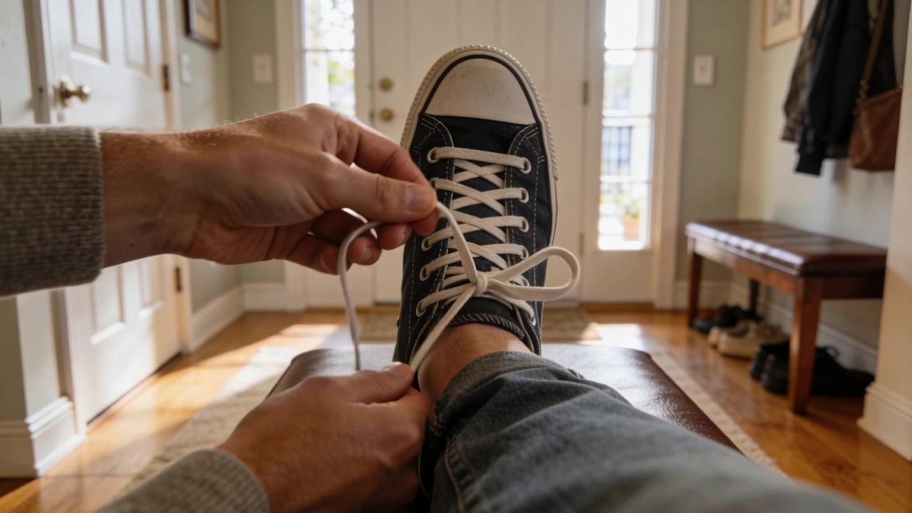 Un adulto allaccia i lacci della scarpa da ginnastica destra all'ingresso di casa, preparandosi ad uscire, con una scarpa da ginnastica di tela nera.