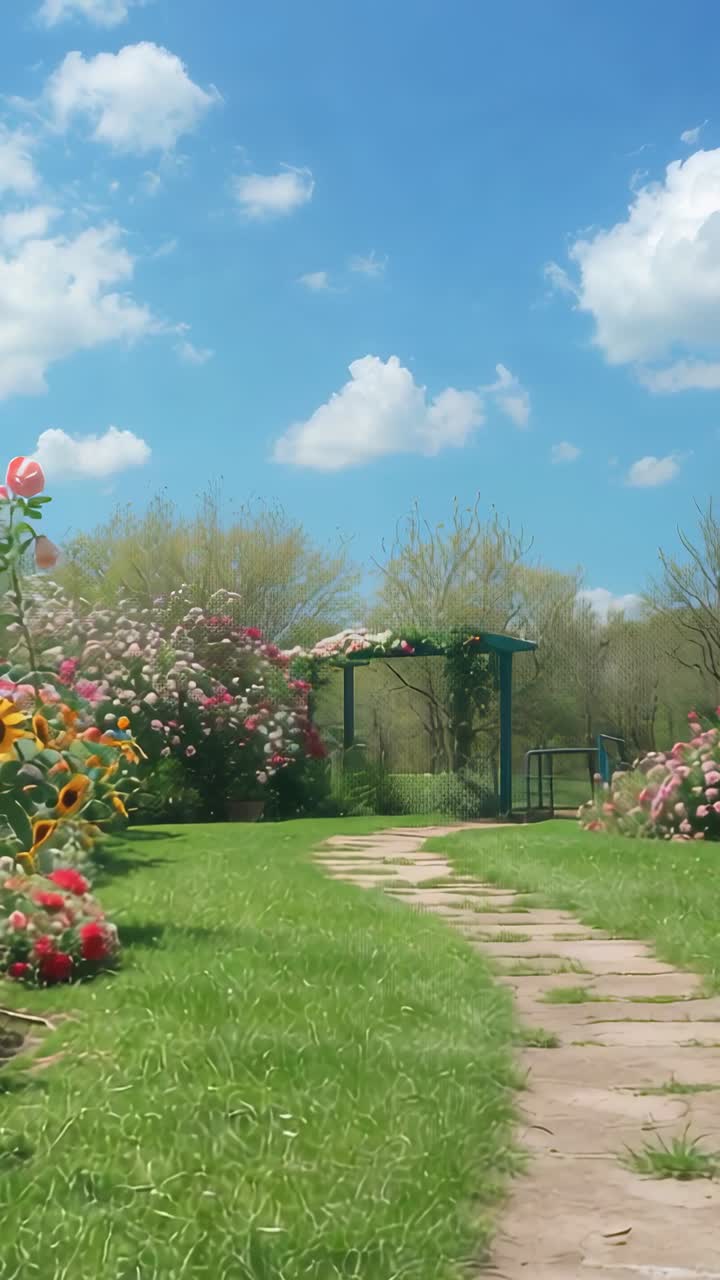 Vertikales Video: Eine niedrige Kamera gleitet auf einem Gartensteinpfad entlang und zeigt eine Pergola und Sonnenblumen