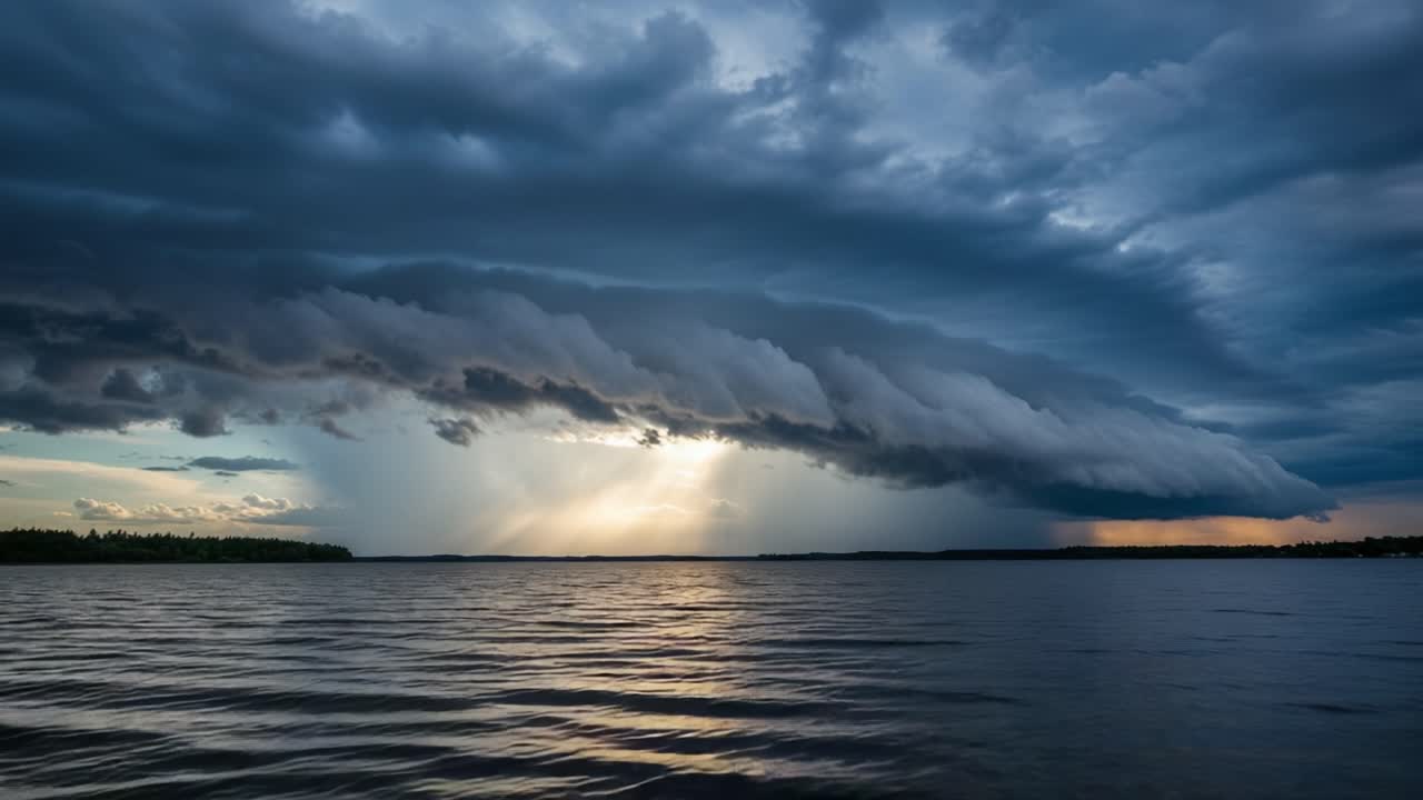 Dramatic Storm Clouds over a Lake with Sun Rays Breaking Through