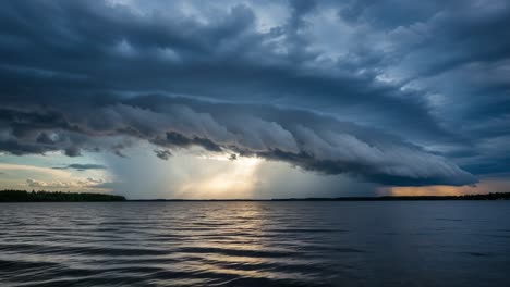 dramatic storm clouds over a lake with sun rays breaking through