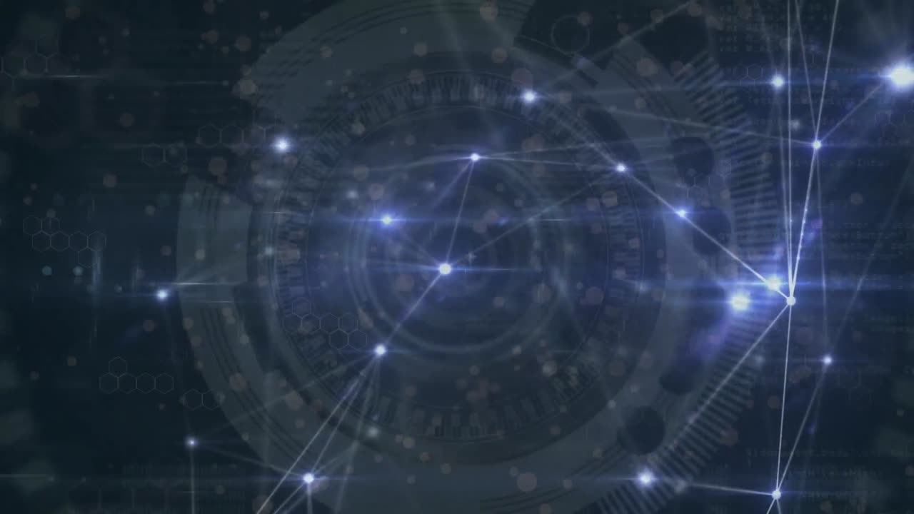 Animation of network of connections with light spots over scope scanning on black background