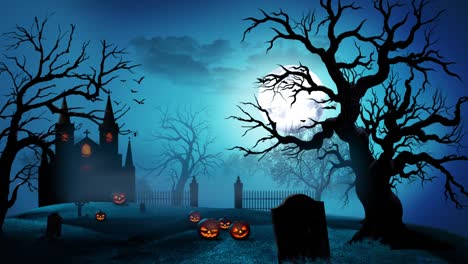 halloween animation with the concept of green night, moon, shining stars, flying witch, bats, ghosts, animated trees, grasses, haunted castle, and scary pumpkins. halloween animation