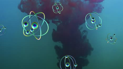 animation of molecules over red liquid on blue background