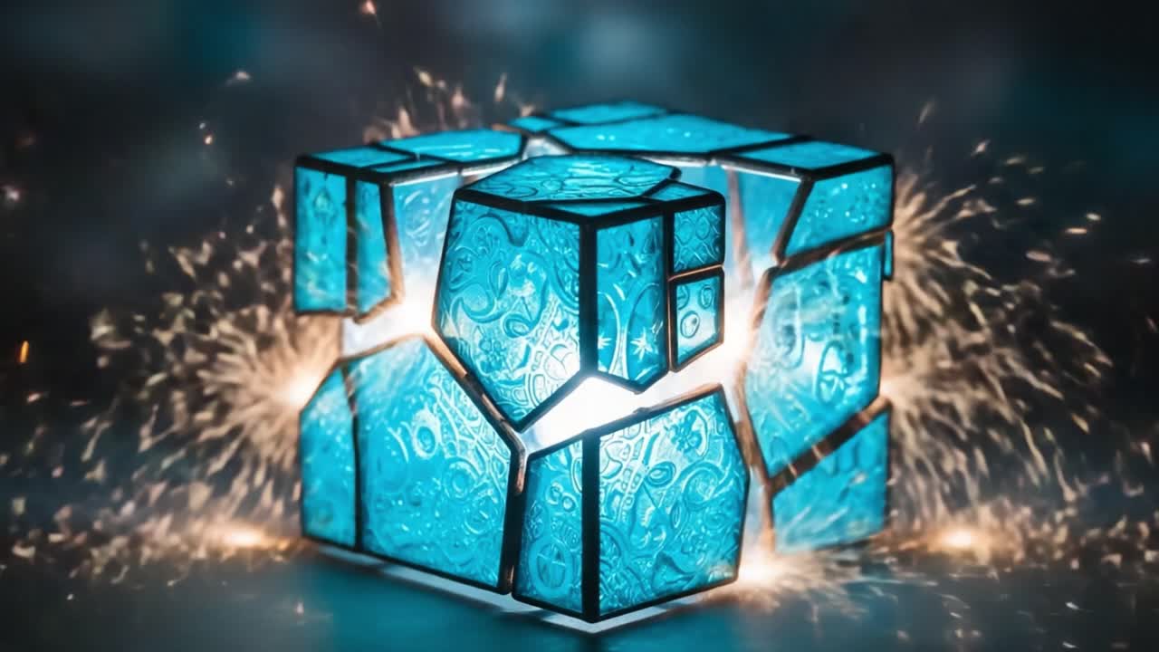 A Stunning Display of Illumination: A Glowing Blue Cube Surrounded by Dynamic Sparks Captures Attention and Sparks Curiosity in a Mesmerizing Visual Experience