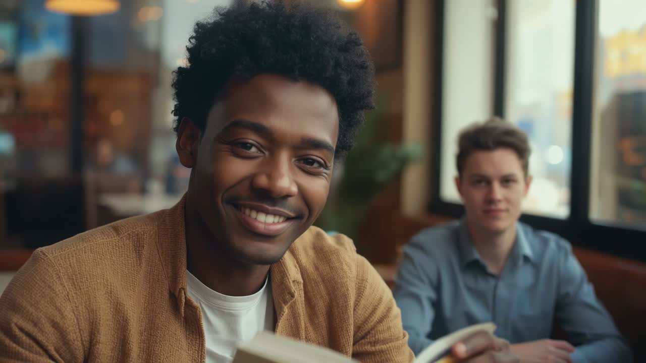 Opening shot showing man reading book and smiling gently at cafe table, with passers holding papers