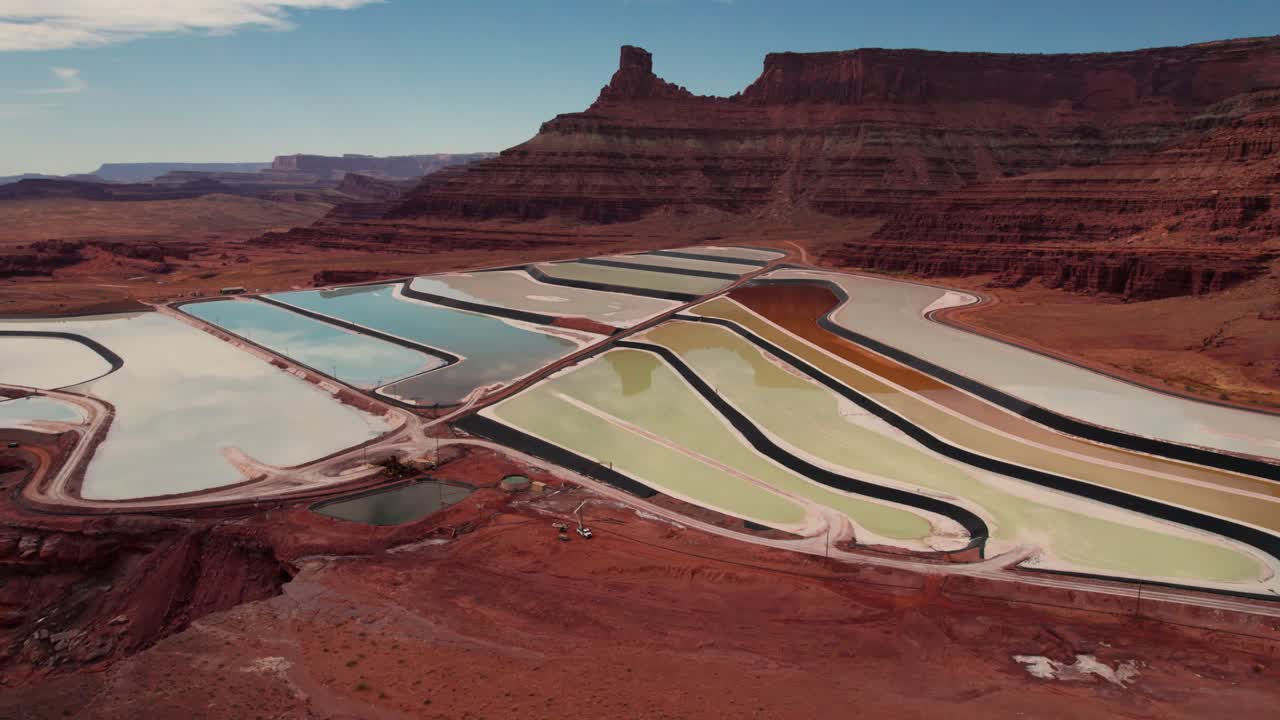 Pullback drone shot over Potash Ponds in Moab, Utah