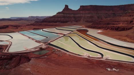 Pullback-drone-shot-over-Potash-Ponds-in-Moab,-Utah