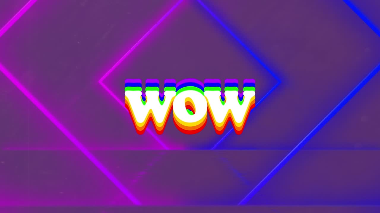 Digital animation of colorful wow text with square shapes moving in loop over violet background