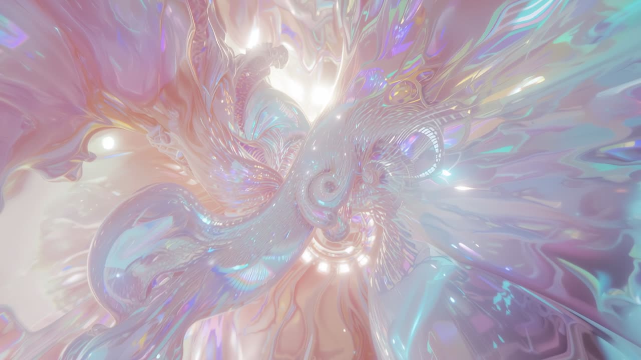 Starting pastel ribbon sculpture swirling in virtual space, pulsing core and evoking organic energy