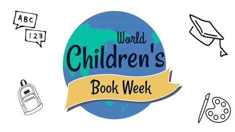 Animation-of-world-children's-book-week-text-over-globe-and-school-icons-on-white-background