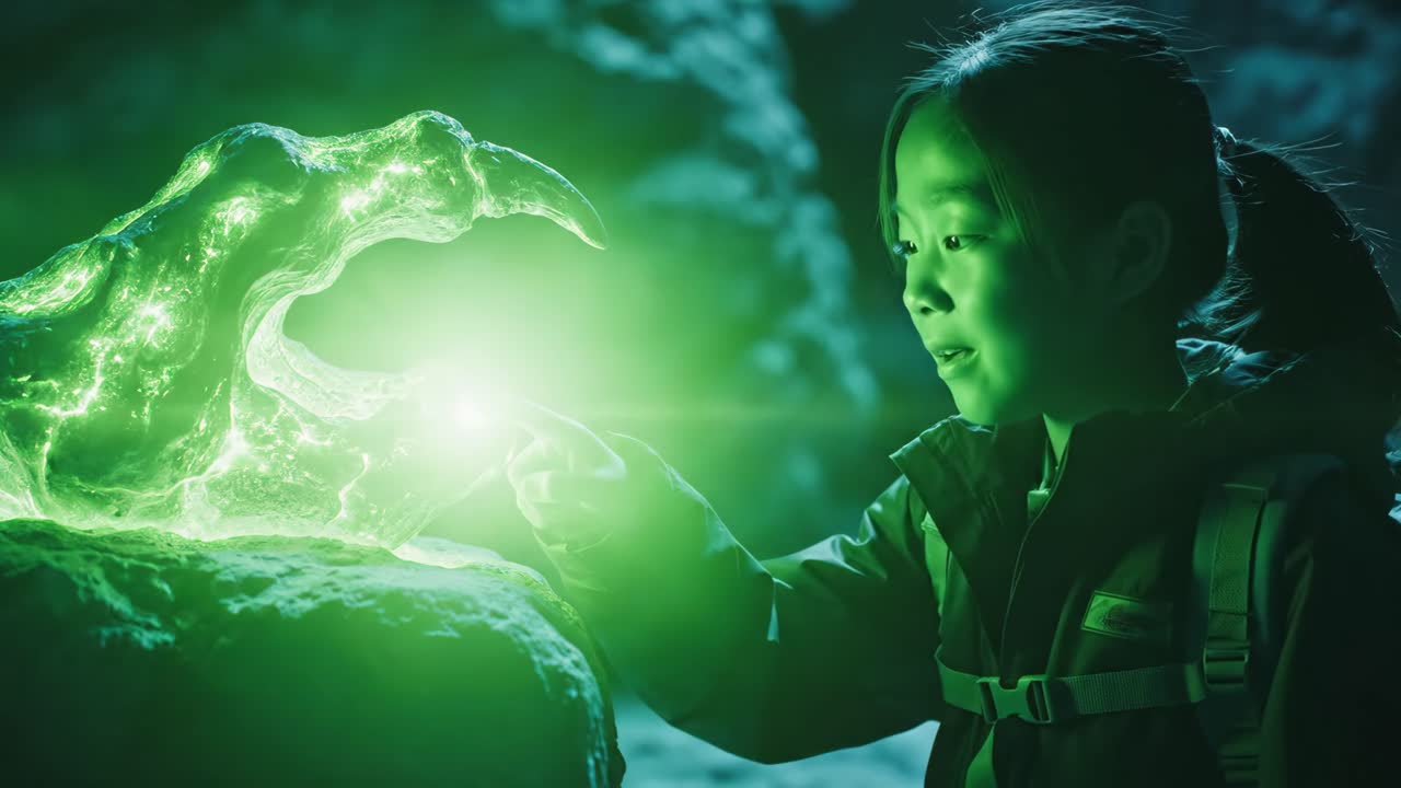 A young girl discovers a mysterious glowing object in a cave