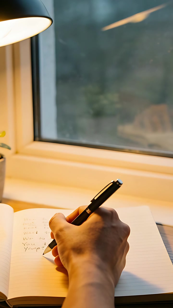 Video verticale: Mano destra che scrive con una penna nera su un quaderno a righe sulla scrivania di casa, con una lampada che invita al lavoro.