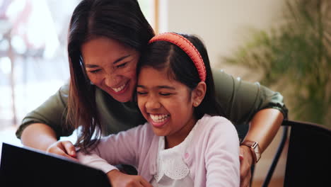 Home,-mother-and-girl-with-a-tablet