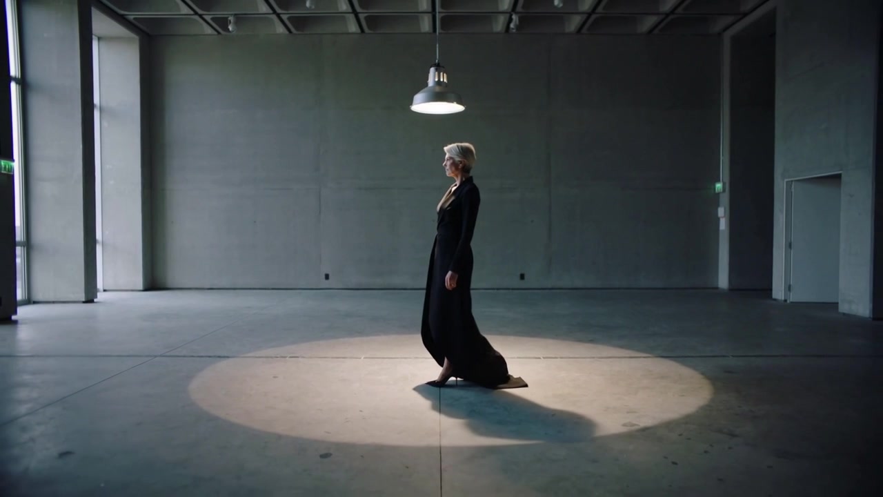 Donna anziana che avanza da destra entrando nel cono di luce della galleria, in abito lungo nero e tacchi, per un servizio fotografico