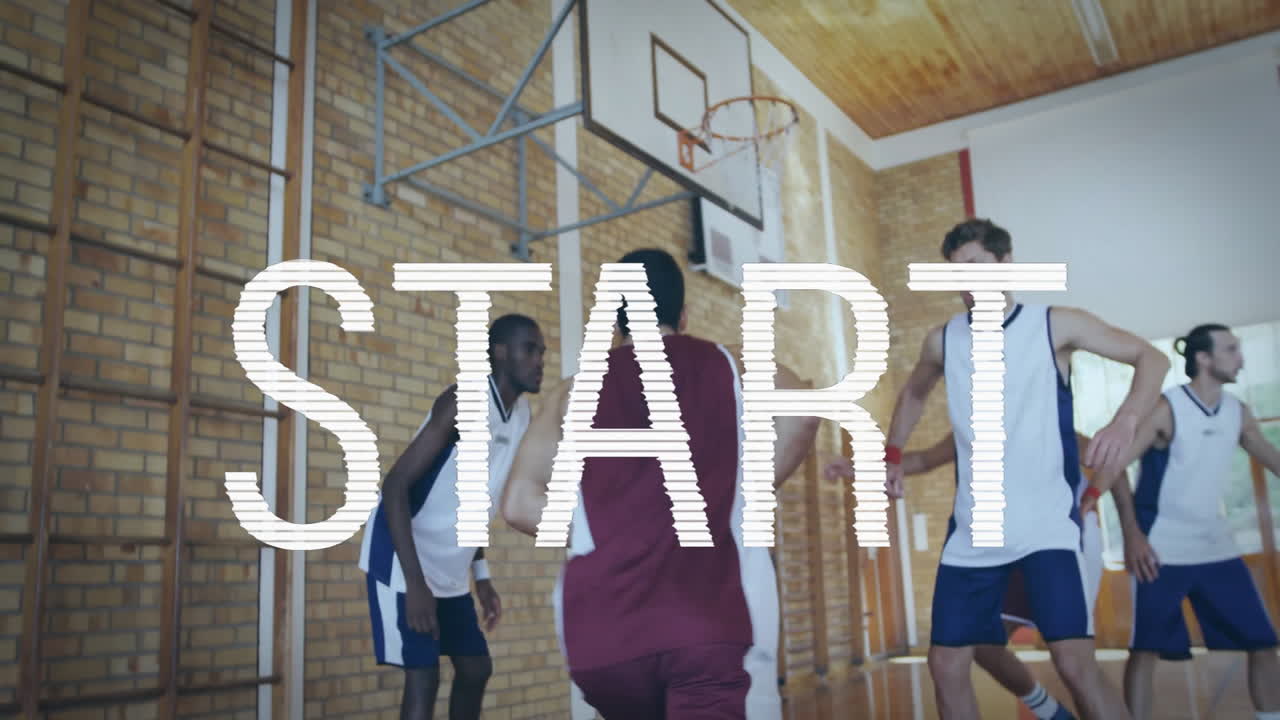 Male player dribbling basketball on gym court with sports analytics overlay floating overhead