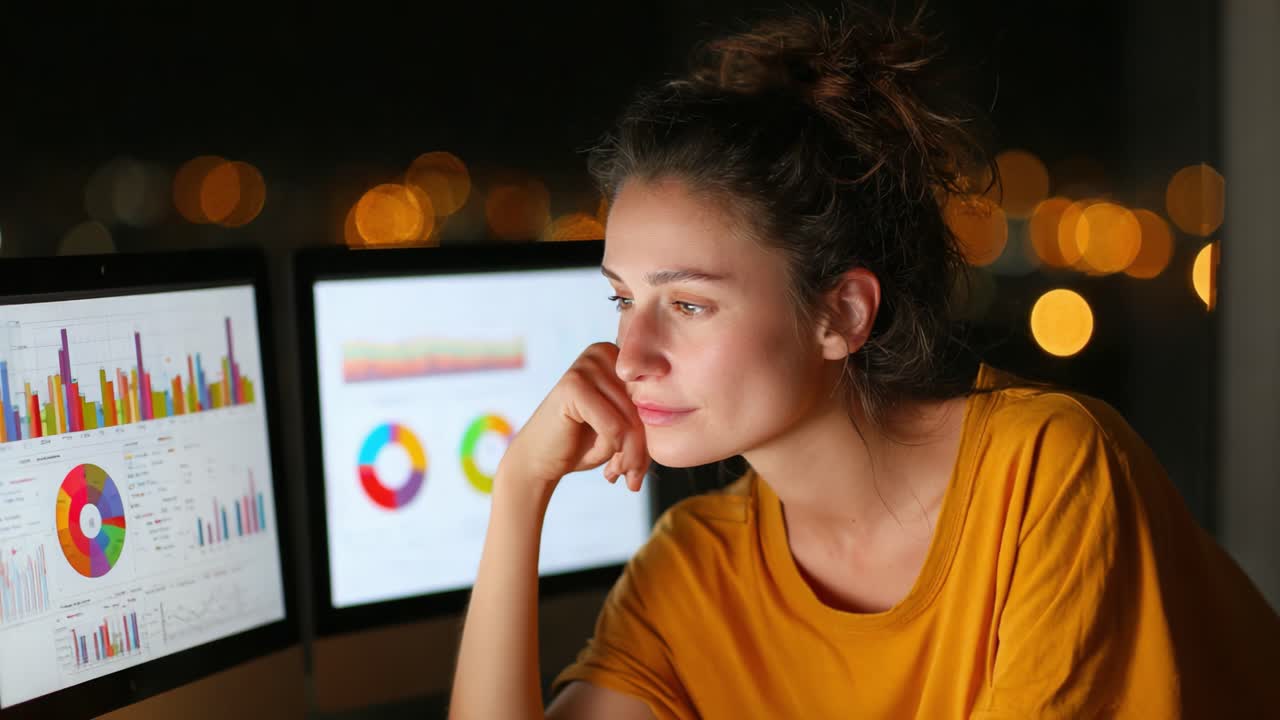 Analisi contemplativa: una giovane donna riflette sulle visualizzazioni dei dati mostrate sugli schermi di un computer, sullo sfondo di un bellissimo paesaggio notturno urbano