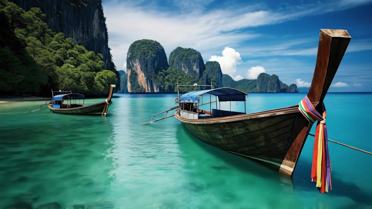 Traditionelle thailändische Longtail-Boote in einer ruhigen tropischen Bucht