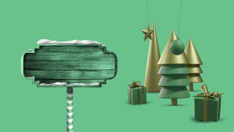 animation of christmas decorations with road sign on green background with copy space