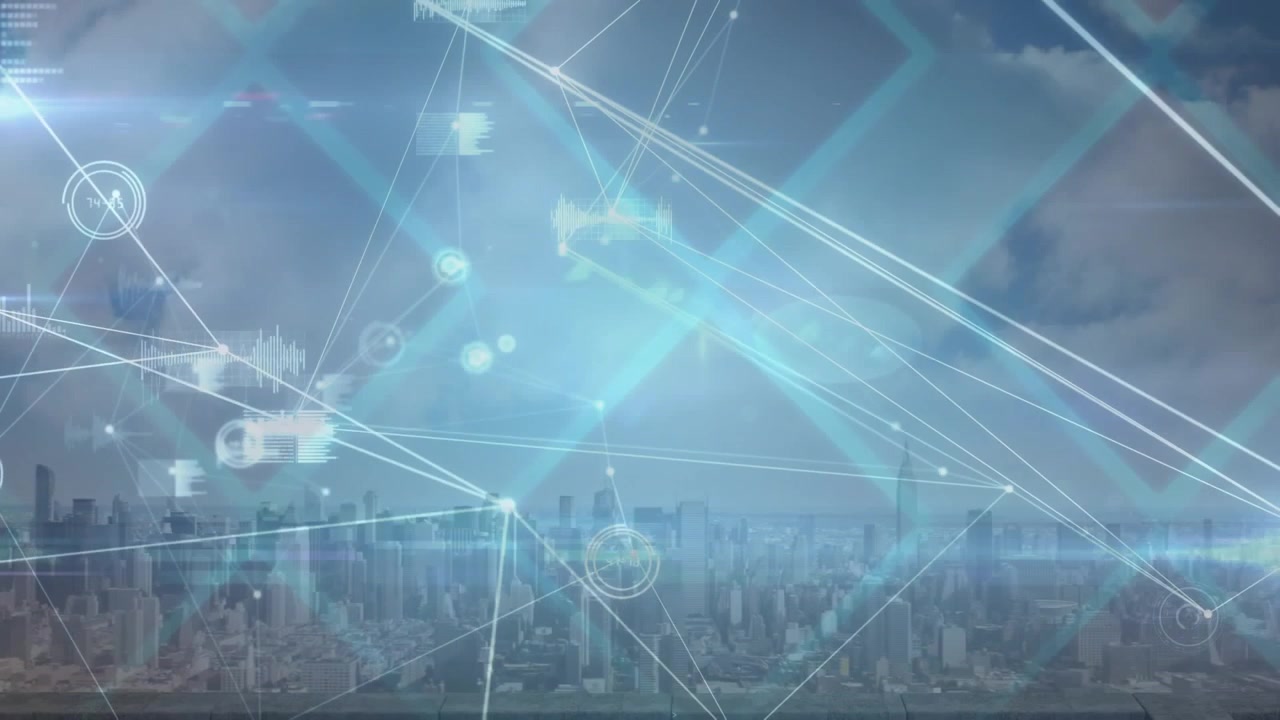 Digital Network Data Overlay Over Modern City Skyline