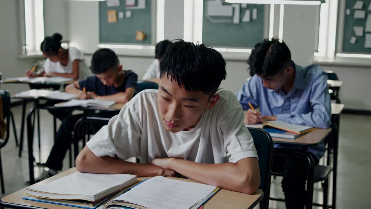 A classroom scene captured from a side angle, showing students focused on writing