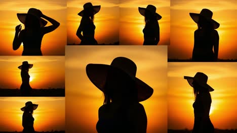 silhouetted portraits in golden sunset: a series of frames capturing the elegance and tranquility of a woman in a wide-brimmed hat against a dramatic sky