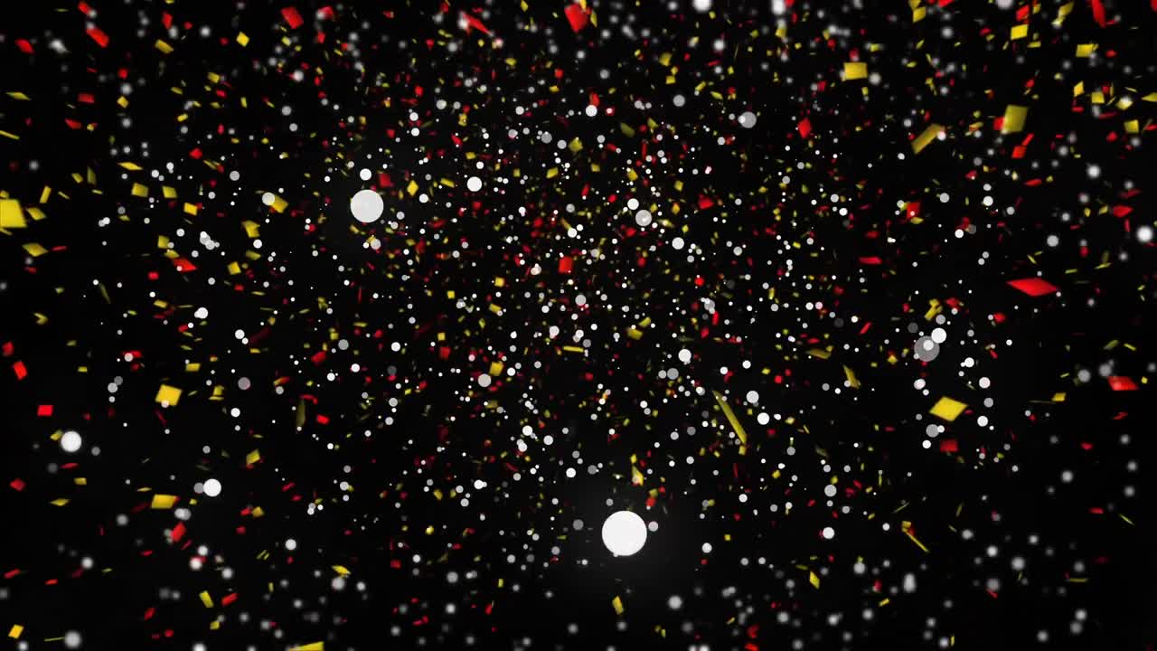 Animation of confetti and dots falling on black background