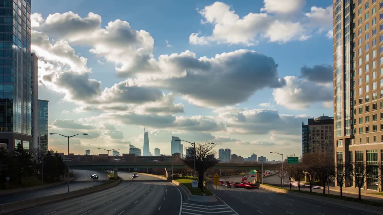 Highway showing ramp merging causing queue, sun shifting and clouds drifting aiding urban planning