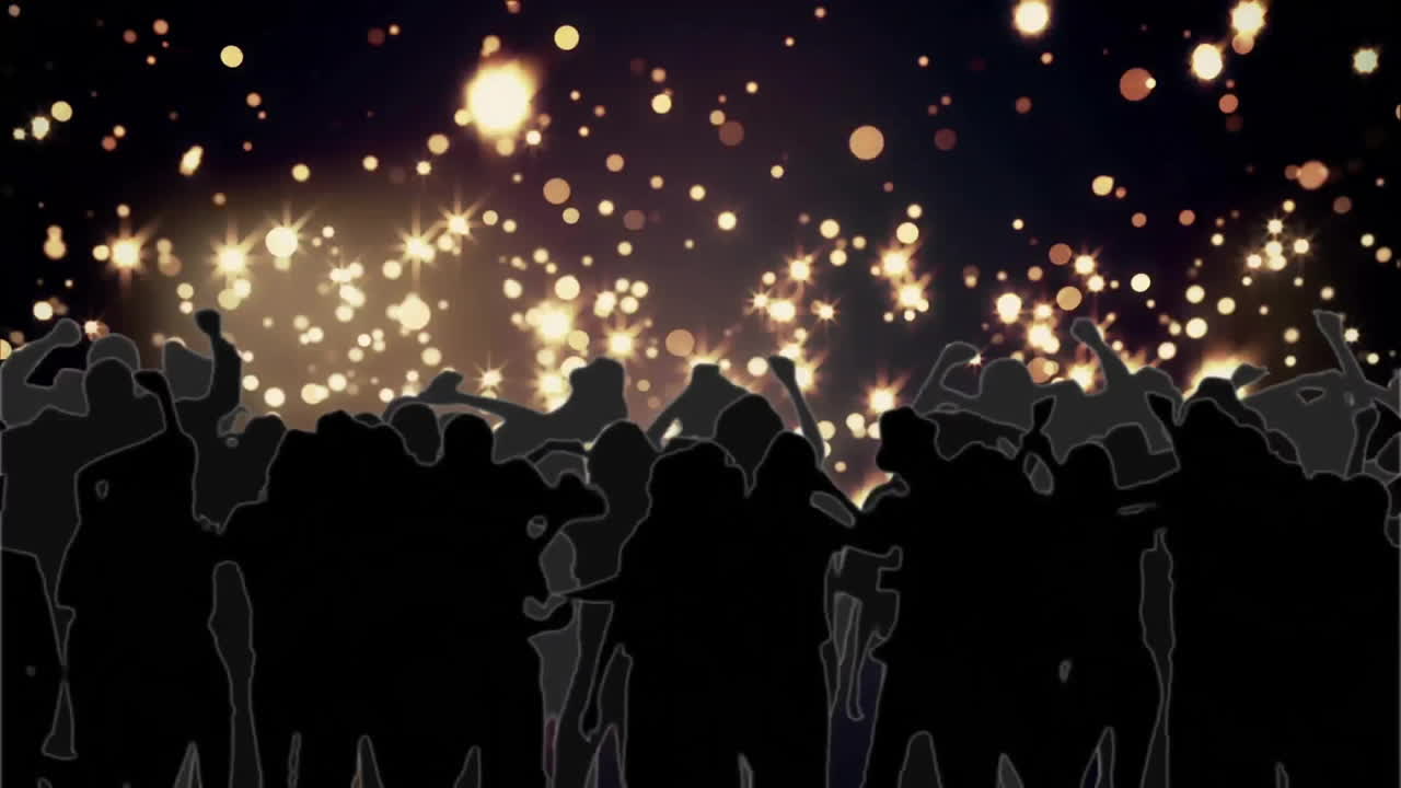 검은색 배경의 밝은 반점 위에서 춤을 추는 사람들의 애니메이션