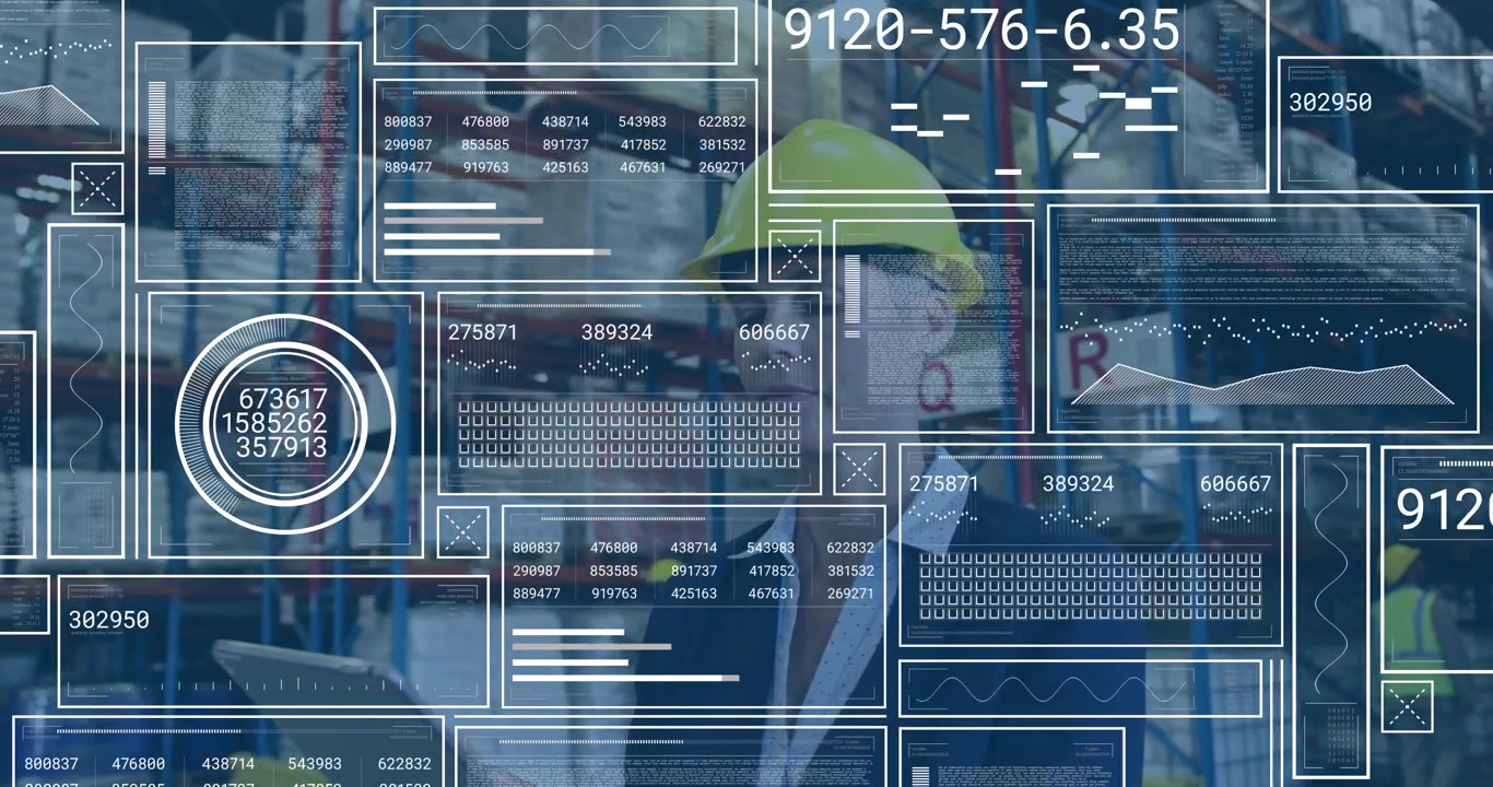 Site manager woman with clipboard starting laptop animating HUD-panels updating inventory for audit