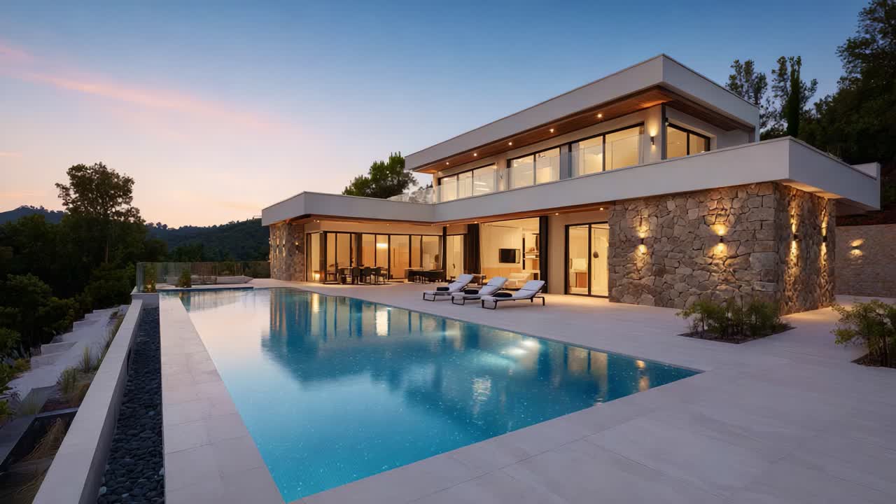 Stunning Modern Home with Expansive Pool at Sunset and Night, Showcasing Elegant Architecture and a Serene Outdoor Space Surrounded by Lush Landscaping