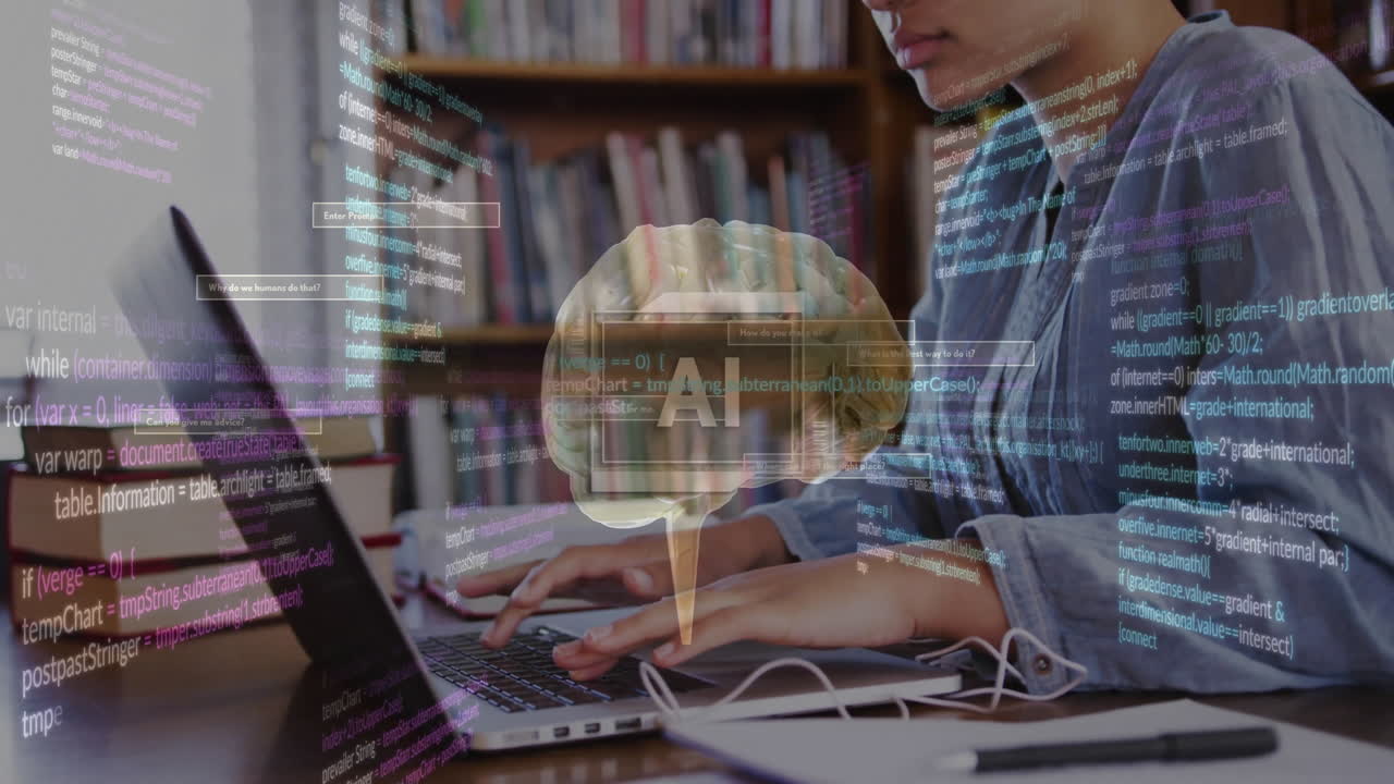 animación de un texto y datos sobre una estudiante biracial en hijab con una computadora portátil