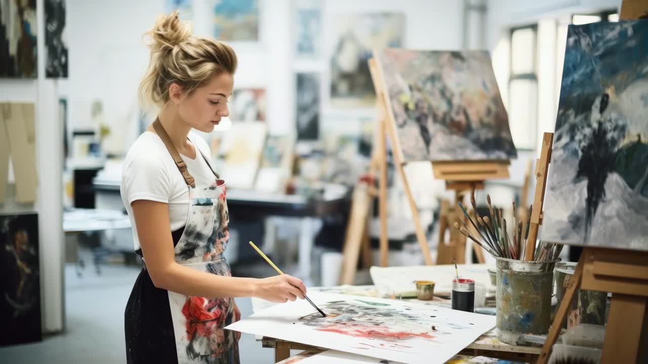 Et videobillede af en kunstner, der maler i et atelier, optaget fra en side-engel