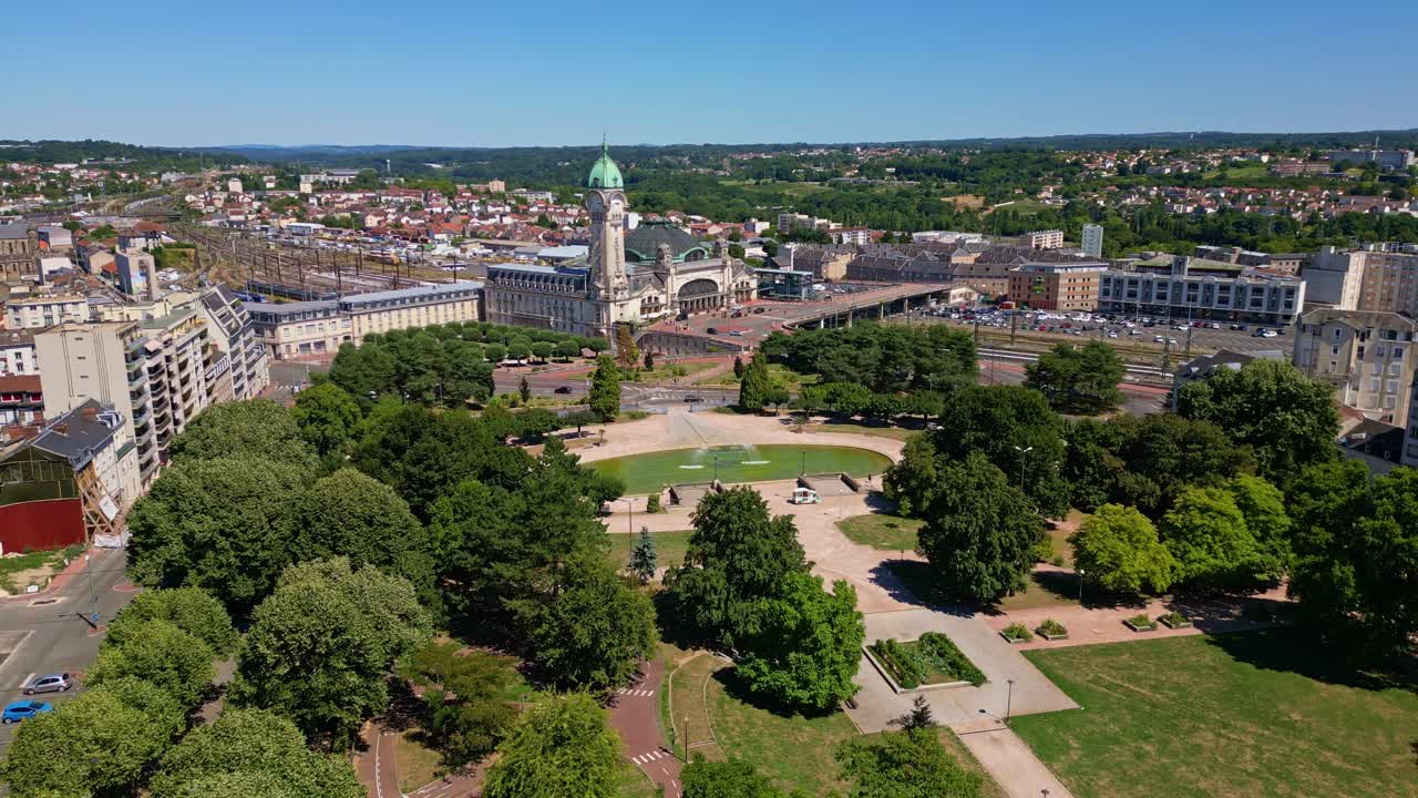 Limoges-Bénédictins train station and Champ de Juillet park, Limoges, France. Aerial drone