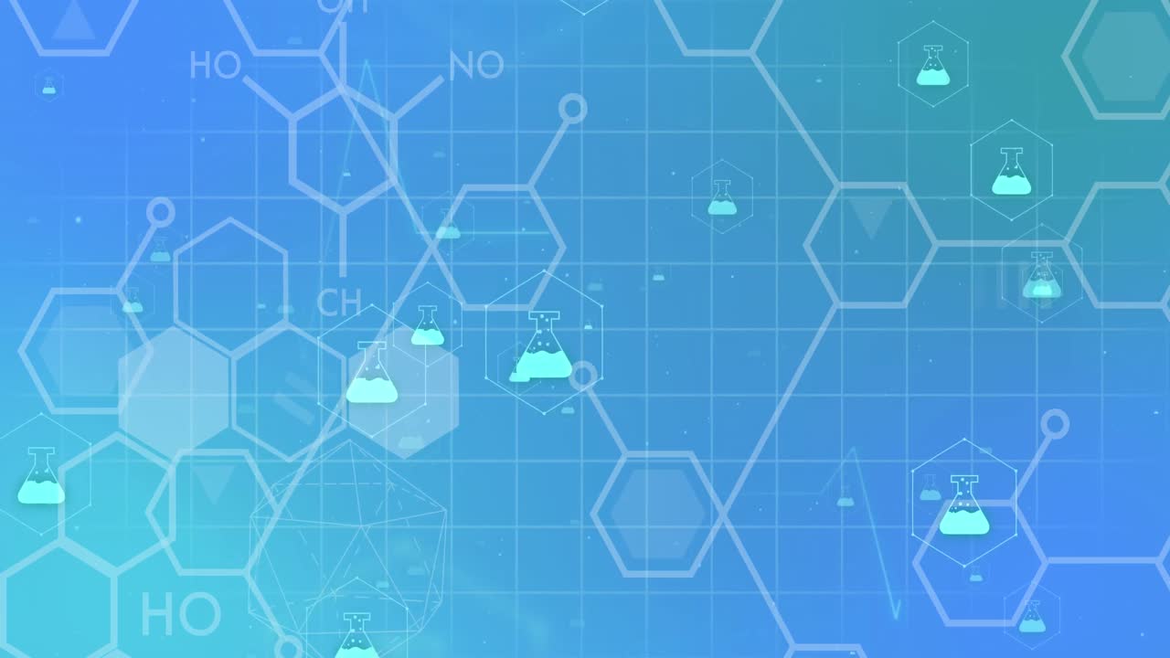 파란색 배경에 화학 아이콘과 구조의 애니메이션