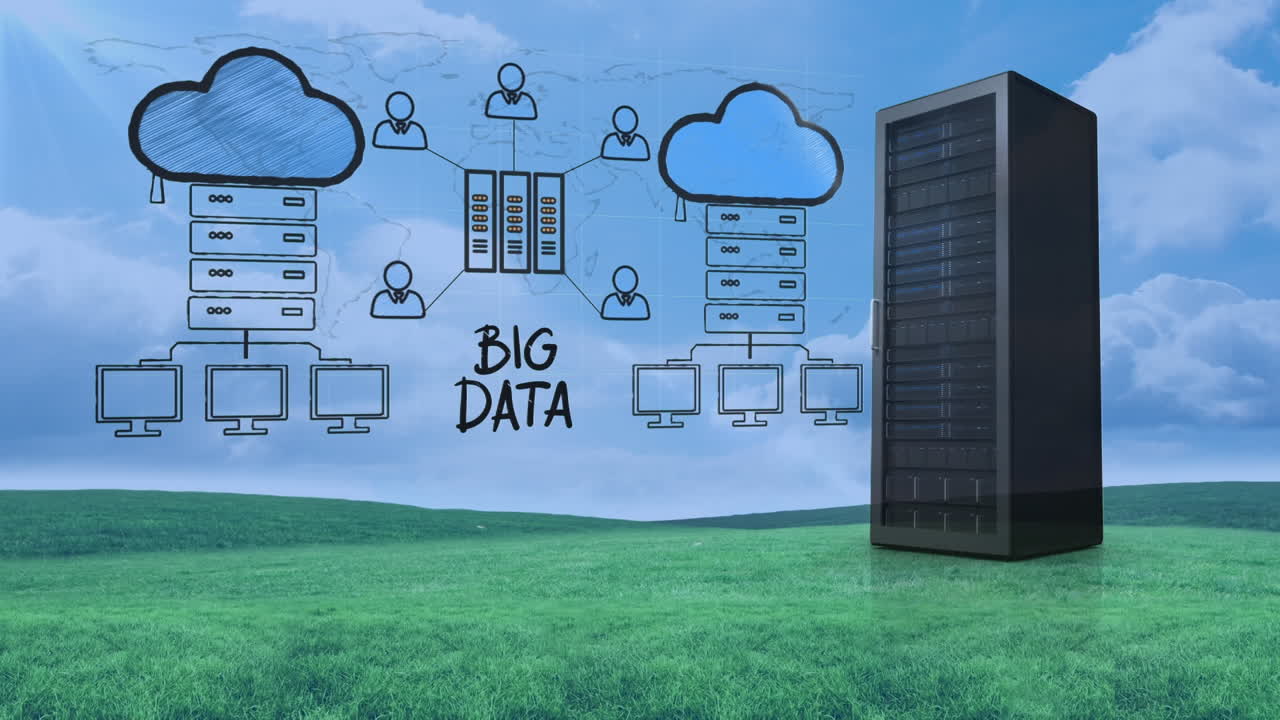 icono de concepto de negocio y servidor de computadora contra el paisaje con hierba y cielo azul