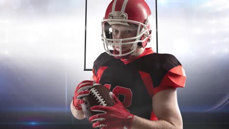 animation of male american football player holding ball, over goalposts at floodlit stadium