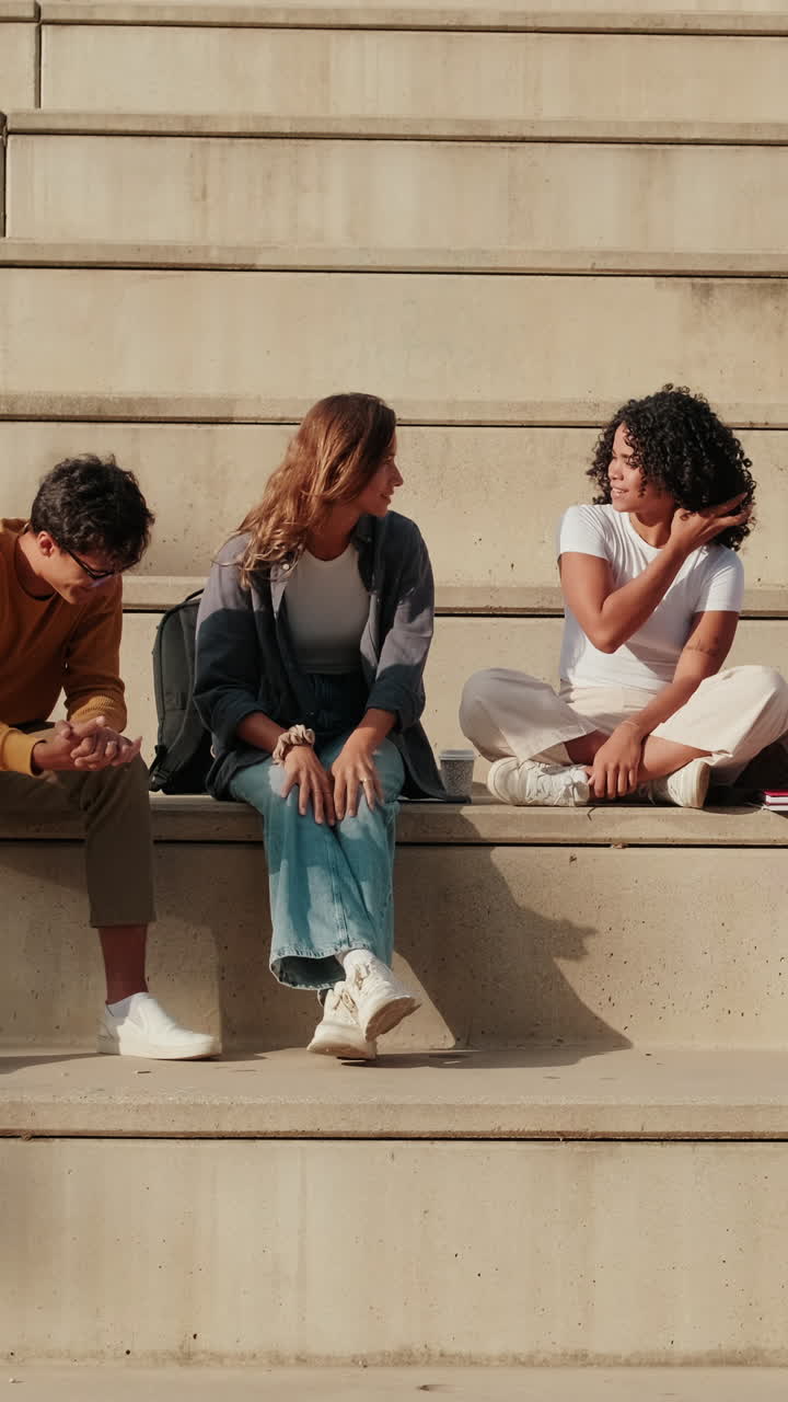 Close up of cheerful young student tells stories to his friends