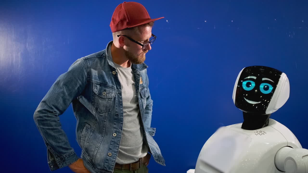 Man interacting with a friendly robot