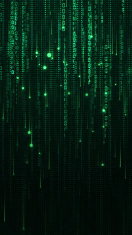 digital data network binary code. movement of numbers and glowing particles on a dark green background. looped vertical video.
