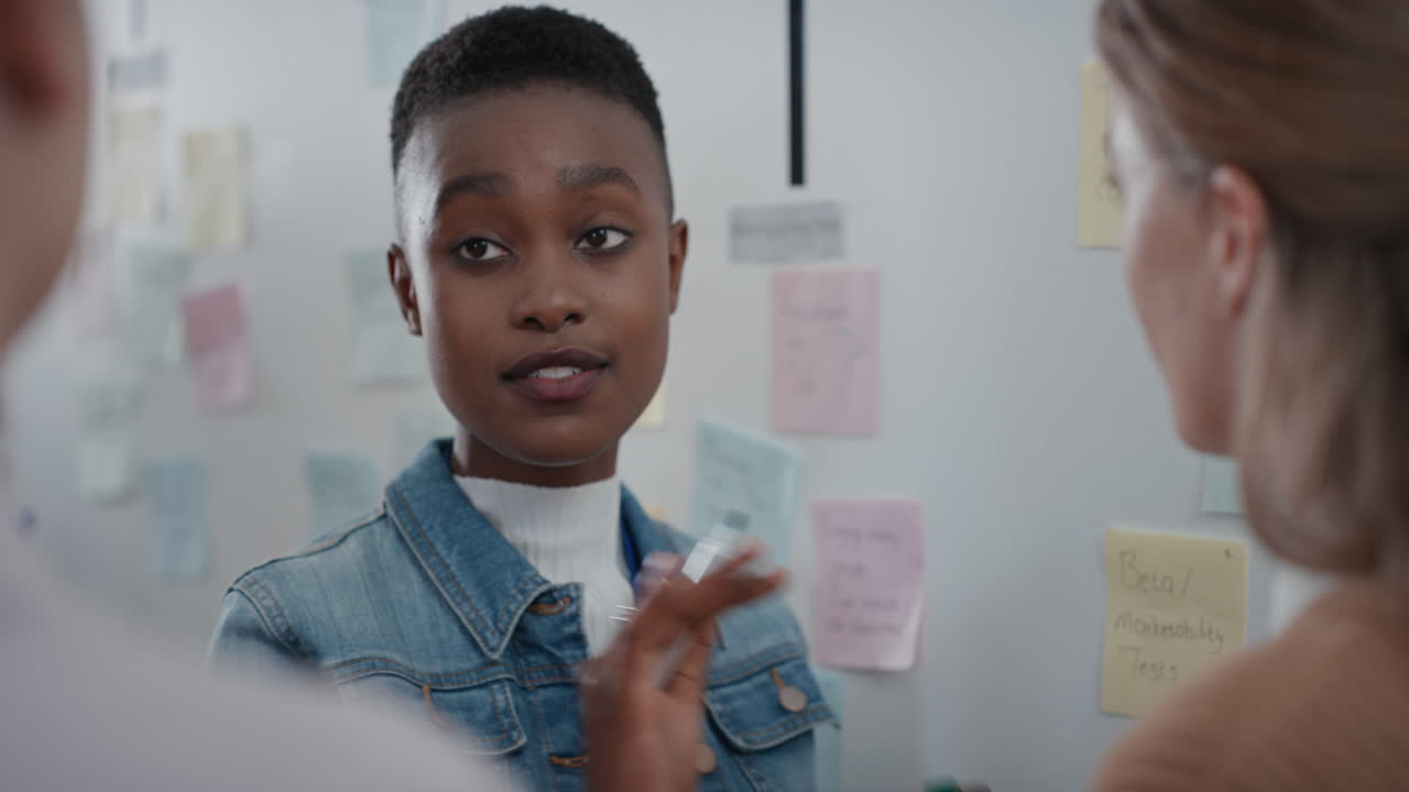 donna d'affari afroamericana che usa note adesive che fa brainstorming con i colleghi in una riunione leader di squadra che condivide problemi creativi che risolve idee per la soluzione che gode del lavoro di squadra nell'ufficio di avvio