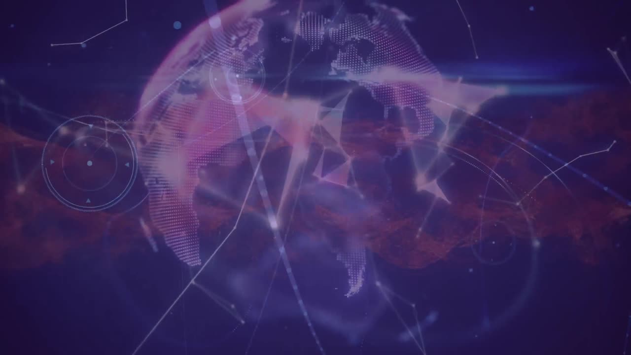 Animation of network of connections and data processing with globe over dark background