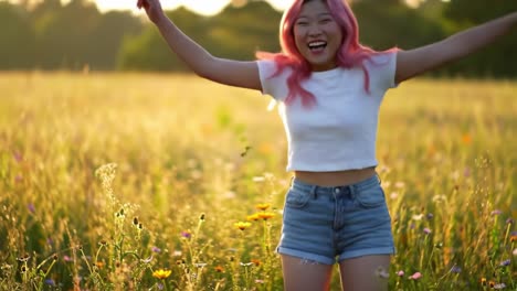joyful woman in a field at sunset